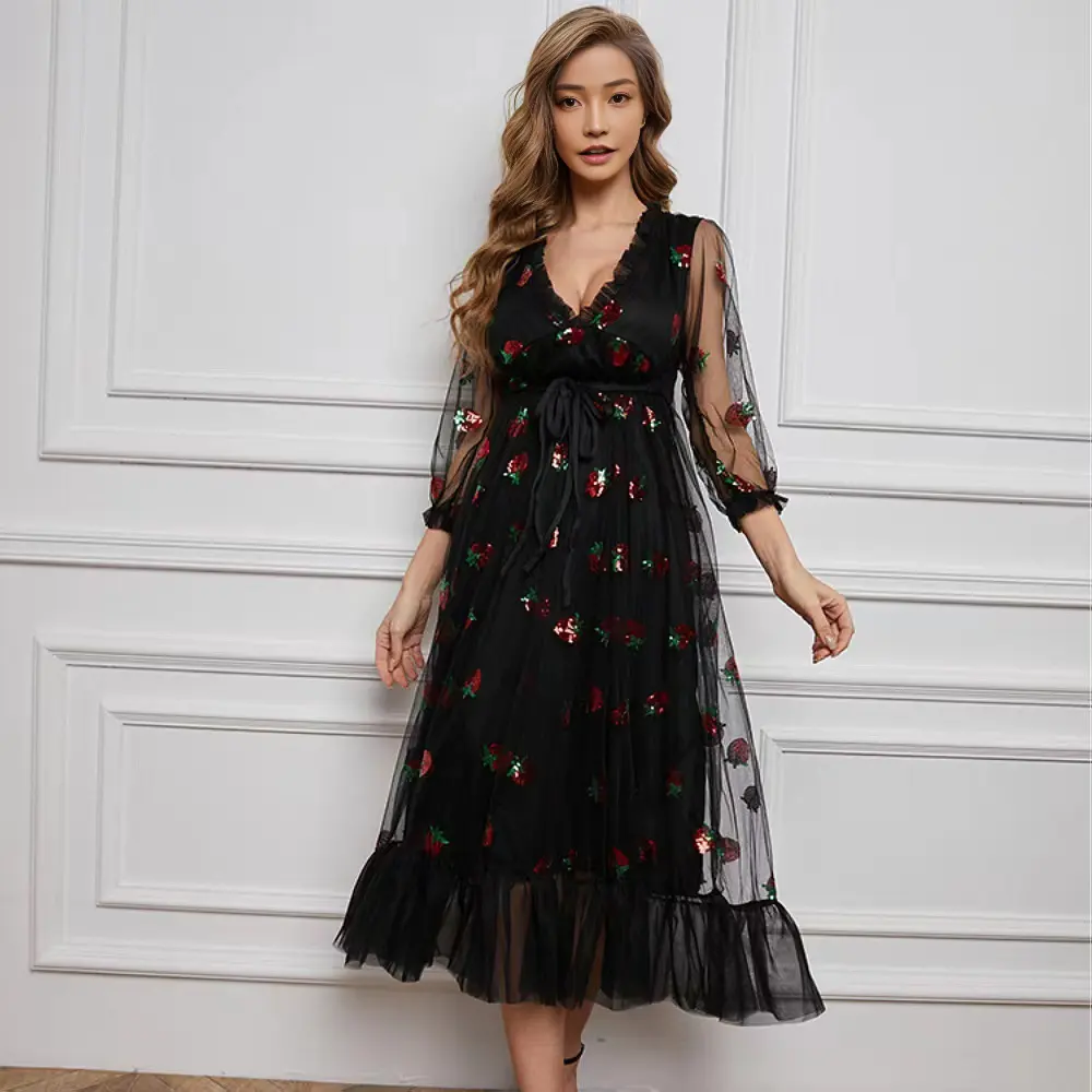 Baju korea fashion untuk wanita gaun elegan bohemian 880843 stroberi cetak pinggang tinggi