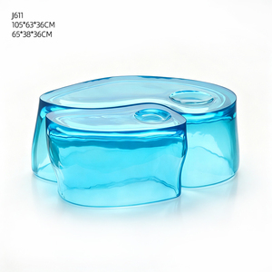 โต๊ะกาแฟเรซิ่นแบบโปร่งแสงไล่เฉดสีน้ำเงิน รุ่น Jiangyue J661 ดีไซน์แบบไม่<span class=keywords><strong>ส</strong></span>มมาตร พร้อมที่วางแก้วแบบฝัง ทนทาน รับผลิตแบบ OEM ODM - Product Image 6