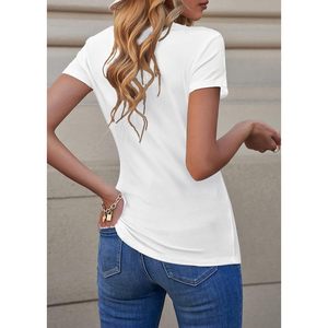 Camiseta Henley informal de verano para mujer, manga corta, cuello en V, con botones, tejido acanalado, corte ajustado, básica. - Product Image 3