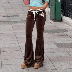 Pantalon évasé en velours pour femme, taille basse, cordon de serrage, coupe cloche, patchwork floral, style décontracté streetwear, idéal pour l'été, écoresponsable - Product Image 3