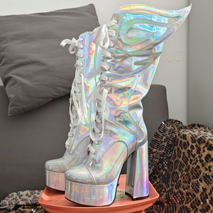 Big Size 47 Women's Silver Florescent Patent Knee High <b>Boots</b> Ladies High Chunky Heels Shoes Big Wings Long Booties - Product Image 5