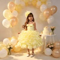 Robe mi-longue bouffante en organza à volants multicouches avec corsage à nœud pour filles, avec pince à cheveux fleur assortie, costume de princesse pour fête d'anniversaire