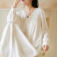Chemise de nuit en dentelle pour femme, col en V, manches longues bouffantes, poignets à volants, robe de nuit ample vintage pour femme, tenue d'intérieur