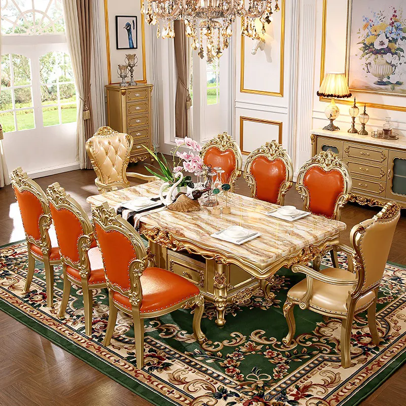 豪華なイタリアンスタイルの大理石の長方形のダイニングテーブルと椅子のセット