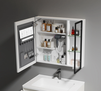 Set Meja Rias Kamar Mandi Minimalis Modern yang Dipasang di Dinding dengan Kabinet Cermin LED Pintar, Lemari Penyimpanan Putih, dan Wastafel Keramik