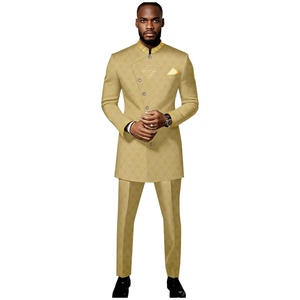 Ensemble 2 pièces GUYAWAX pour <span class=keywords><strong>homme</strong></span>, tendance, coupe ajustée, en polyester, haut à manches longues et pantalon, col montant, boutons obliques, style africain - Product Image 4
