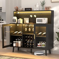 Meuble bar à vin en bois noir avec éclairage LED, étagères de rangement pour bouteilles et verres, idéal pour la maison - Vente en gros