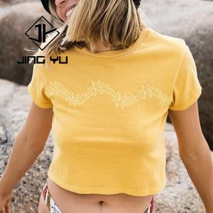 T-shirts courts pour femmes en coton 95% et élasthanne 5%, col rond, été, uni, impression de logo personnalisée, t-shirt court - Product Image 2