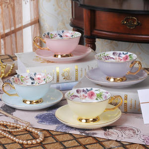 Ensemble de tasses à café et à thé en céramique vintage écologiques en porcelaine fine, 4 couleurs, motifs de fleurs et d'oiseaux, 240 ml, avec soucoupes - Product Image 3
