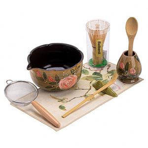 Ensemble cadeau de 8 pièces en céramique de style chinois, motif fleur de rose, pour matcha, avec bol à thé, fouet et filtre sur pied - Product Image 5