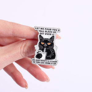 Spilla in smalto Black Cat Let Me Pour You a Tall Glass of Get Over IT con design divertente, distintivo per borsa e risvolto, gioiello, regalo per amico - Product Image 4