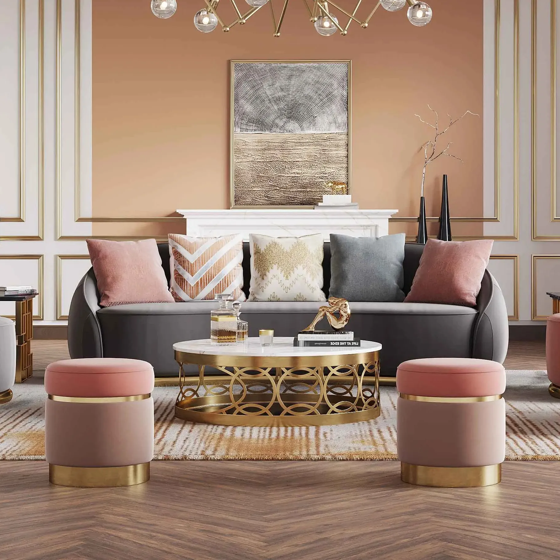 Dubai Light Luxury Living Room Set Sectional Couch Luxury Velvet Upholstered Chesterfield Sofa Set