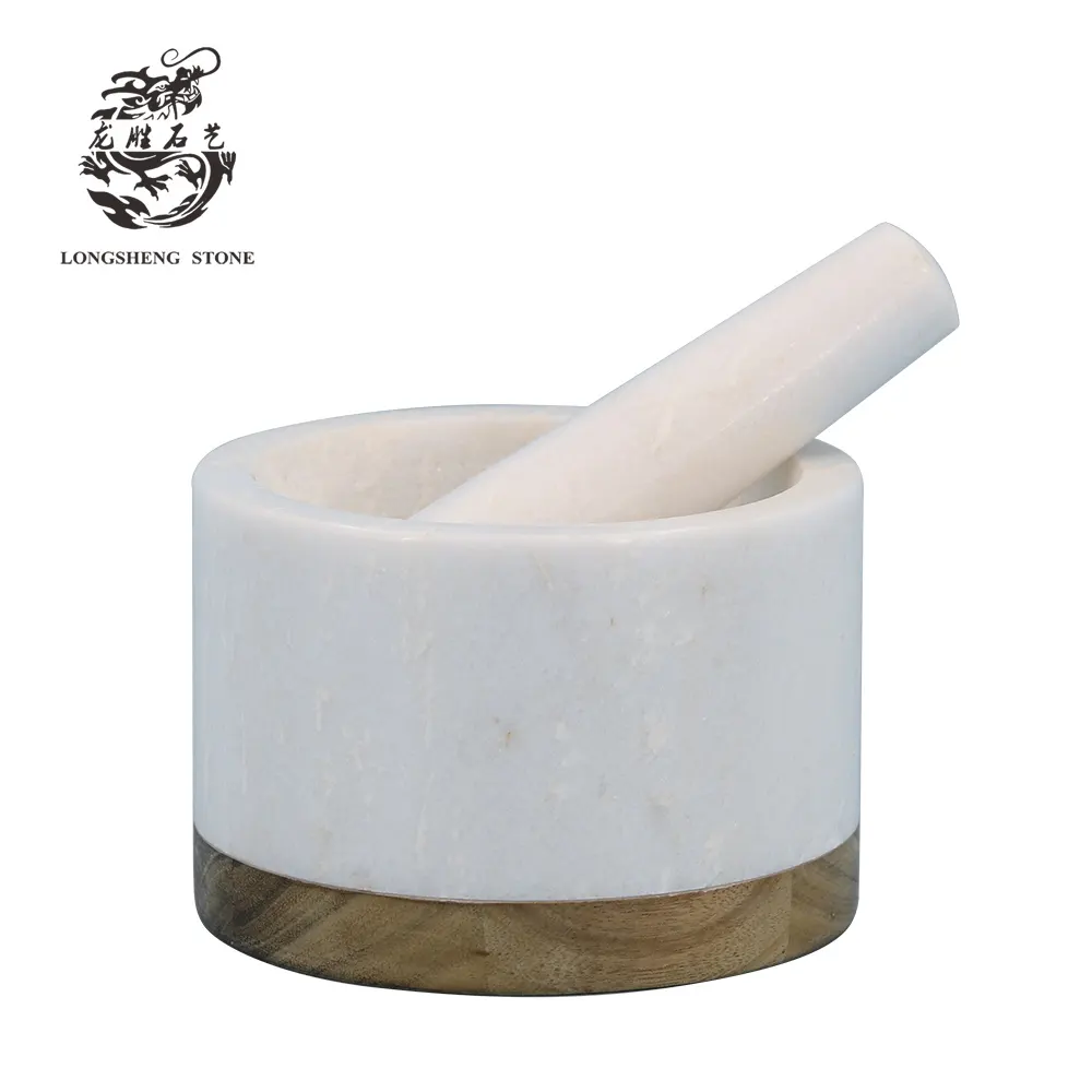 14*8 cm ciotola di pietra con base in legno Marmo mortaio e pestello set 5.7 pollici Bianco aglio grinder