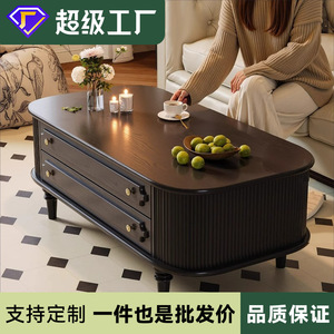 French Retro Solid Wood Coffee <b>Table</b> <b>Black</b> Vintage Storage Living Room Sofa <b>Side</b> <b>Table</b> - Product Image 5