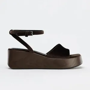 Sandales compensées rétro en velours pour <span class=keywords><strong>femme</strong></span>, à bout ouvert et bride cheville, confortables pour la plage, les vacances et les soirées - Product Image 4