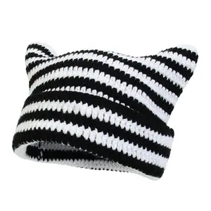 2024 New Little Devil Handmade Crocheted Wool Hat Striped Hat Cute Cat Ears Warm Beanie