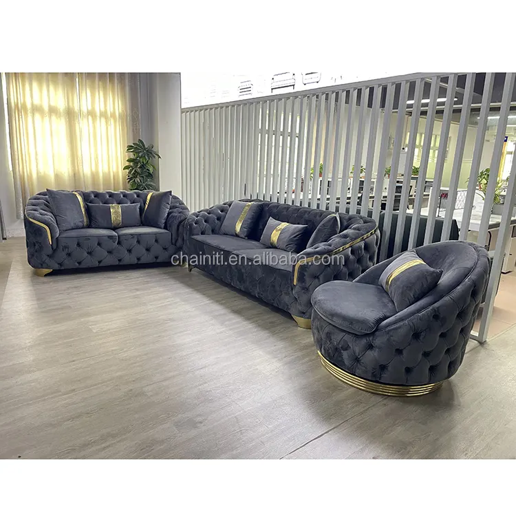 Set Sofa Pabrik Ruang Tamu Modern, Set Sofa Kain Beludru Manis dengan Baja Tahan Karat Emas