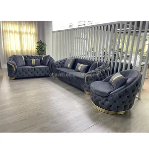 Chainiti Factory Modern Living Room Velvet Fabric Sweet Sofa Set With Gold Stainless Steel