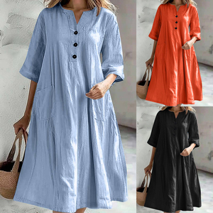 Abito da donna in lino di cotone da donna a mezza manica lunga a V con motivo Patchwork a tre bottoni - Product Image 1