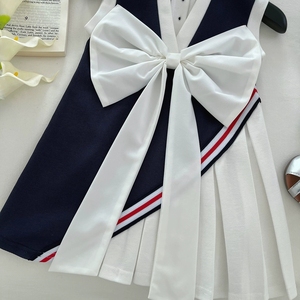 Elegante Vestito con Fiocco Blu Navy e Bianco per Bambine, Design Principessa, Gonna Estiva per Bambini 2026 - Product Image 5