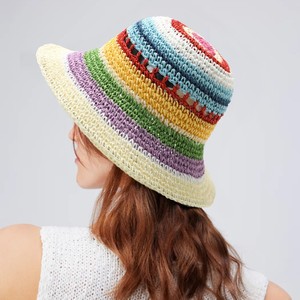 Chapeau Bob Femme Printemps/Été Polyvalent à Large Bord Imprimé Sérigraphié Rayures Papier 56-58cm Circonférence de Tête Plage Pêcheur - Product Image 1