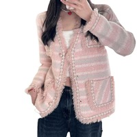 Cárdigan elegante a rayas con cuello en V para mujer, ropa de invierno informal de diseño antiarrugas de un solo pecho de alta calidad con bolsillos