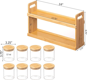 Étagère à épices en bambou à 2 niveaux avec 8 bocaux en verre de 12 oz, ensemble d'organisateurs pour comptoir de cuisine - Product Image 1