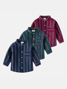 Детские рубашки с длинным рукавом для мальчиков, полосатые рубашки с воротником-стойкой, детские топы, оптовая продажа детской одежды - Product Image 5