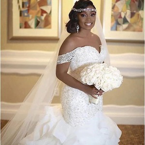 Mermaid Wedding Dress Off Shoulder <b>Lace</b> Applique Fitted Waist Sweetheart Neckline <b>White</b> Ivory Polyester Fabric - Product Image 2