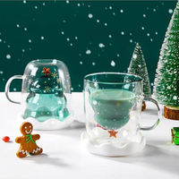 Mug en verre borosilicate à double paroi, motif sapin de Noël, couvercle flocon de neige, 280 ml, résistant à la chaleur, isolé, sans BPA, passe au lave-vaisselle, réutilisable