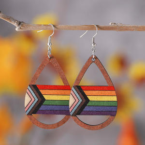 Pendientes de madera Retro en forma de gota de agua Arco Iris rayas hueco colgante pendientes para mujeres Uionen 1220 - Product Image 1