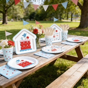 Fournitures pour fête d'anniversaire pour enfants DAMAI, assiette bleue en forme de maison avec gâteau d'anniversaire, crème glacée, vaisselle jetable, serviettes en papier, gobelets, assiettes - Product Image 2