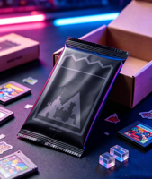Emballages personnalisés en feuille holographique thermoscellée pour paquets de boosters TCG, sachets en mylar pour l'emballage de jeux de cartes à collectionner