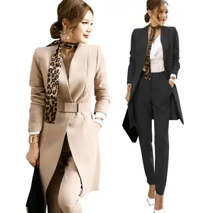 2021 Spring Elegant Khaki Ladies Suit Long Style Casual Two Piece Blazers Suits Set