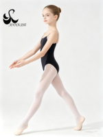 ANNASHI Justaucorps de ballet pour filles en nylon et élasthanne haute élasticité, avec bordure violette contrastante, justaucorps de gymnastique pour enfants, idéal pour les cours de danse