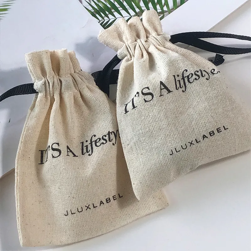 Bolsa de lino personalizada Bolsa de lino orgánica Bolsas de lino pequeñas Embalaje Bolsa de muselina con cordón de algodón con logotipo