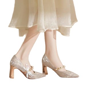 Zapatos de Tacón Alto Franceses para Mujer, Tacón Grueso Cómodo para Bodas de Verano, Novedad 2025, Punta en Pico, Plateado Champán - Product Image 5