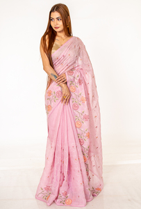 Sari de Tussar Kota color malva a la moda con bordado floral y tejido premium para bodas y celebraciones festivas - Product Image 3