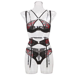 New Women's Sexy Underwear Set Lace Mesh Embroidered Flower <b>Black</b> Gathering Underwear Three Piece Set - Product Image 5