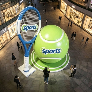 Sculpture géante sur le thème de la raquette et de la balle de tennis en acier inoxydable avec logo personnalisé OEM pour centre commercial, parc sportif, club, aménagement paysager - Product Image 1