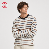 T-shirt décontracté vintage années 70 à épaules tombantes pour homme, avec petit logo DTG, col contrastant et rayures teintées en fil, manches longues