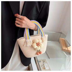 Women's Straw Handbag Off White Rainbow Handle Flower Decor Bucket Shape Everyday Fashion Trend Summer 2022 - Product Image 2