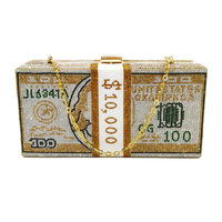 Nouveauté 2021 : Sacs à main, pochettes et sacs de soirée en forme de dollar USD, avec chaîne dorée, effet scintillant et ornements en diamant