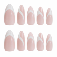 Faux ongles à presser en amande, rose nude avec ligne blanche, brillants, couvrance totale, vente en gros