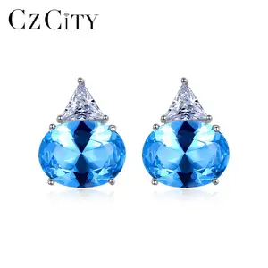 CZCITY Noble Blue Women's Stud Earrings 925 Sterling Silver Earrings for Gift