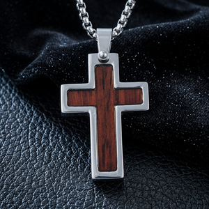 Collier pour homme Yunnique, pendentif croix vintage en acier inoxydable avec incrustation en acajou, chaîne à maillons géométriques, pour la mode - Product Image 1