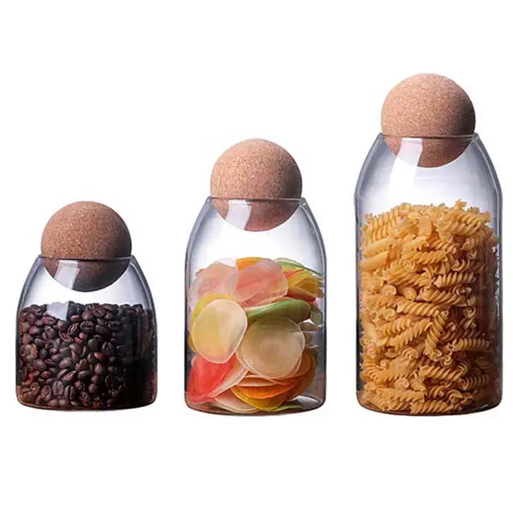 Hot sale storage container clear borosilicate coffee beans glass canister jar with wooden stopper cork ball lid
