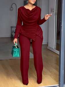Ensemble pantalon pour femmes grandes tailles BYJ658, haut décontracté à col en V froncé et pantalon évasé, ensemble deux pièces pour femmes, tenues pour femmes - Product Image 5
