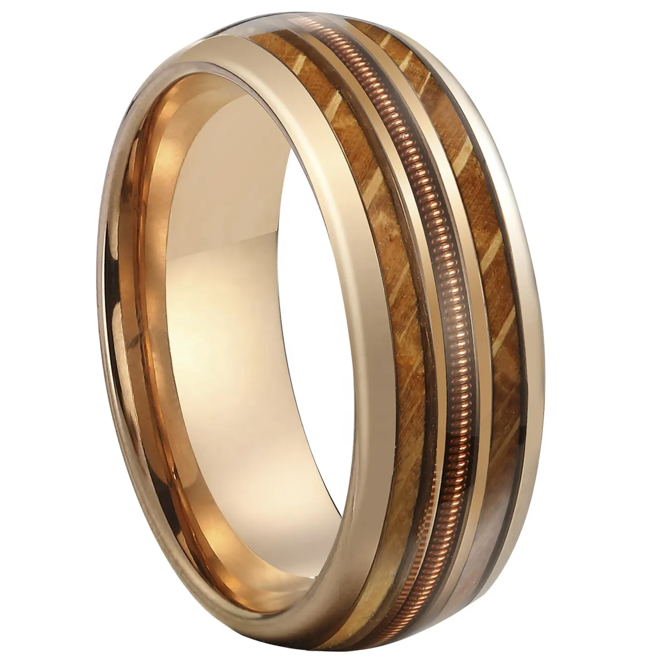 Anillo de cuerda de guitarra de tungsteno de oro rosa para hombres, con incrustaciones de madera, banda de boda, anillos de madera de barril