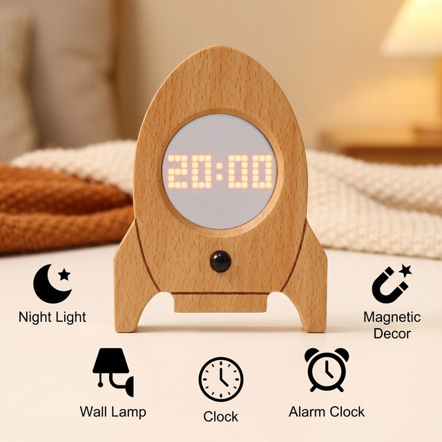 Creative Wooden Rocket Alarm Clock PIR Motion Sensor LED Night Light 5-in-1 Multi-functional Magnetic Wall Warm White Battery